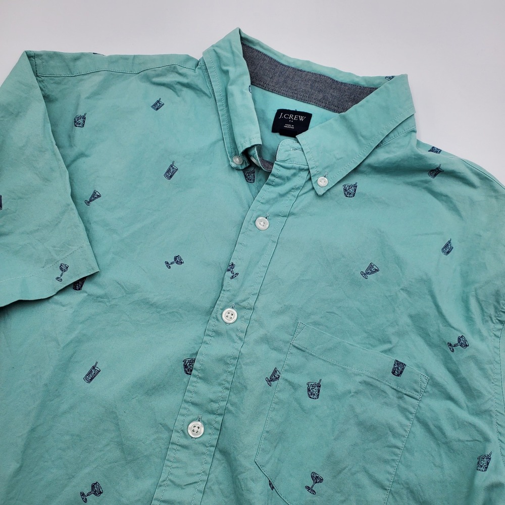 J.Crew Mens Large Short Sleeve Button Down Shirt Teal Cocktail Drink Print flaw